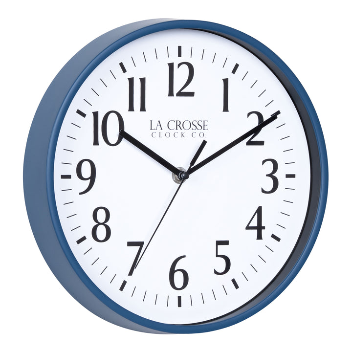 Right facing image of the 404-3025NB 10-inch Basic Decor Wall Clock with a Navy Blue frame, white dial, black numbers, hour, minute, and second hands