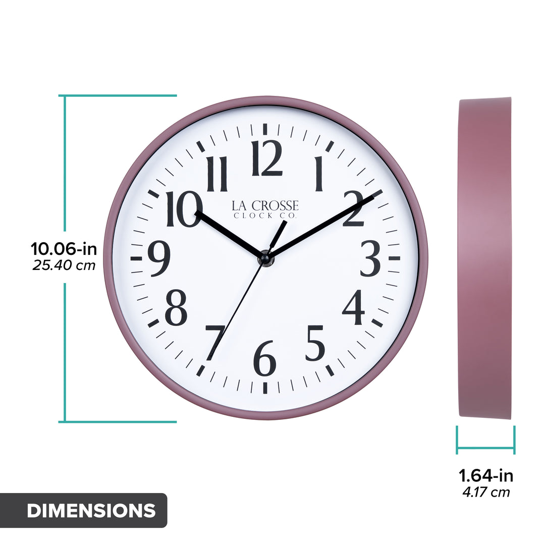 Orthographic image of the 10-inch Basic Decor Wall Clock with Ruby Red frame white dial with black numbers and hour, minute and second hands with dimensions in inches and centimeters