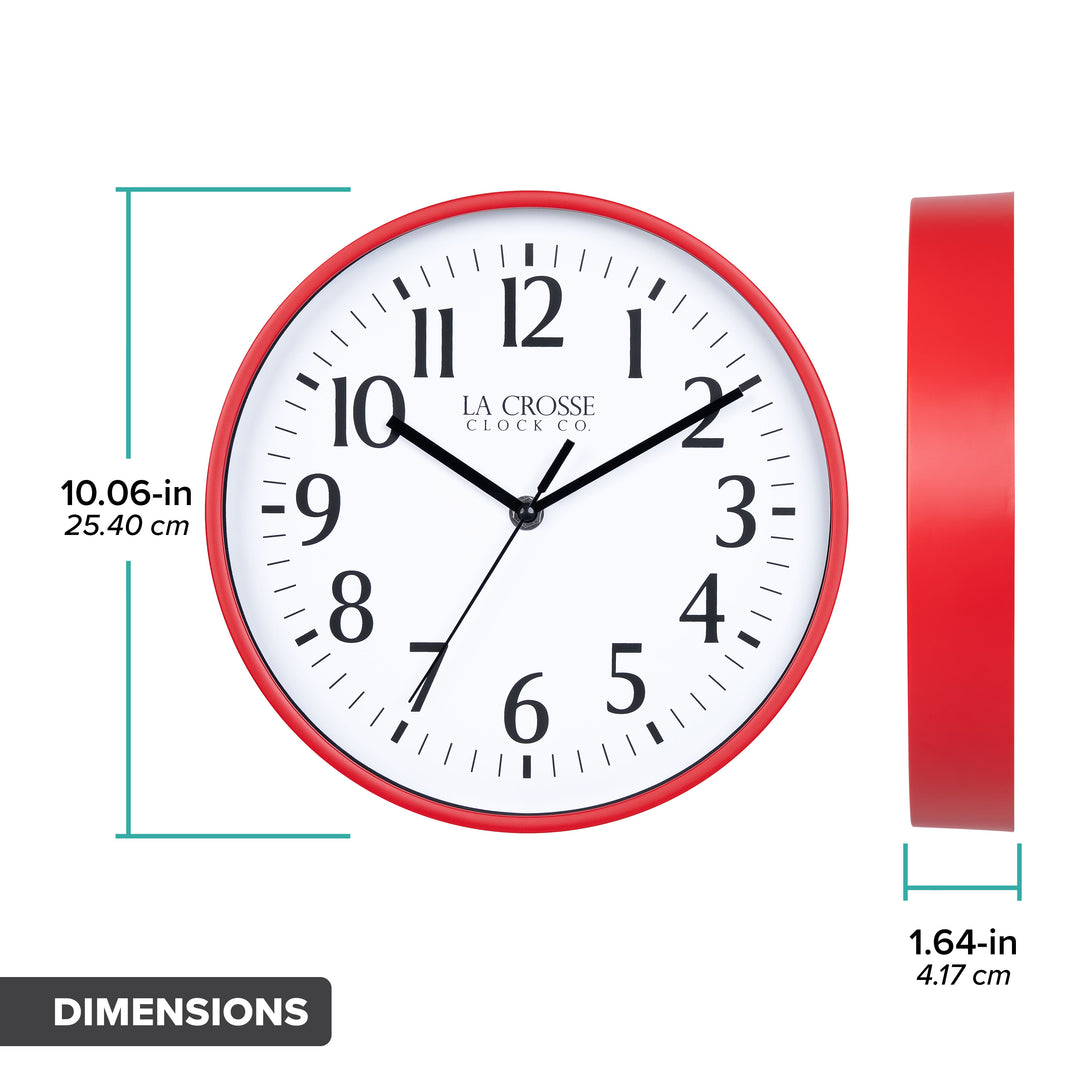 Orthographic image of the 10-inch Basic Decor Wall Clock with Red frame white dial with black numbers and hour, minute and second hands with dimensions in inches and centimeters