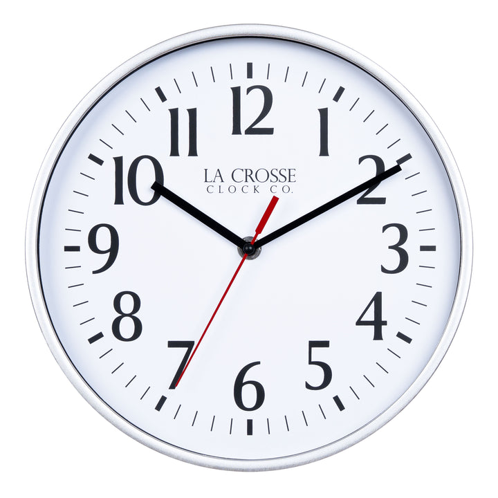 404-3025S 10-inch Basic Decor Wall Clock with a Silver metallic finish frame, white dial with black numbers, hour, and minute hands, and a red second hand