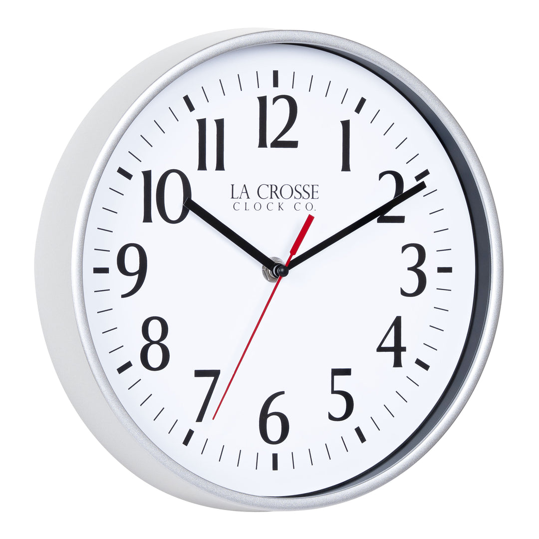 Right facing image of the 404-3025S 10-inch Basic Decor Wall Clock with a Silver frame, white dial, black numbers, hour, and minute hands, with a red second hand