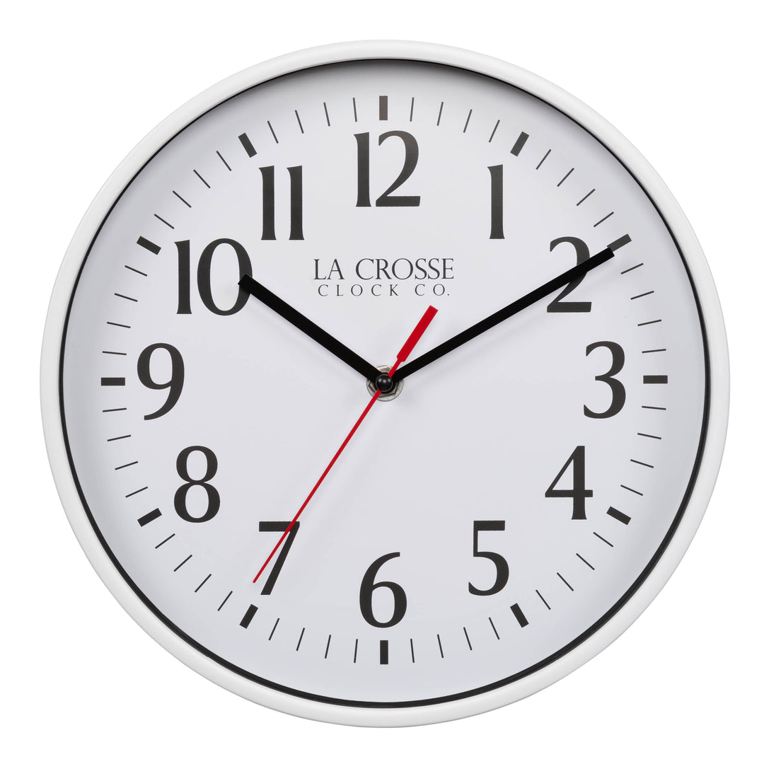 404-3025W 10-inch Basic Decor Wall Clock with a White frame, white dial with black numbers, hour, and minute hands, and a red second hand