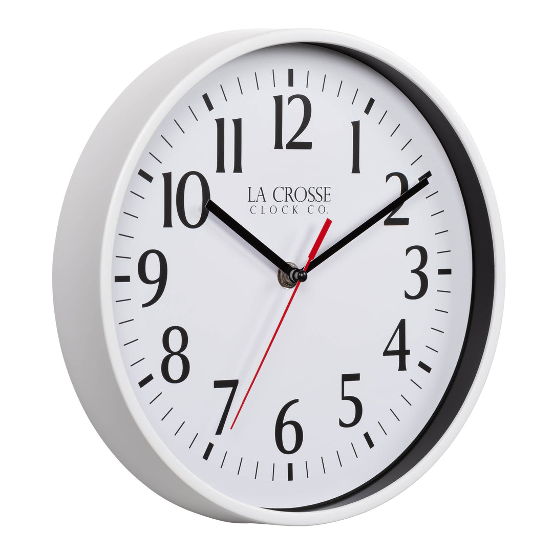 Right facing image of the 404-3025W 10-inch Basic Decor Wall Clock with a White frame, white dial, black numbers, hour, and minute hands, with a red second hand