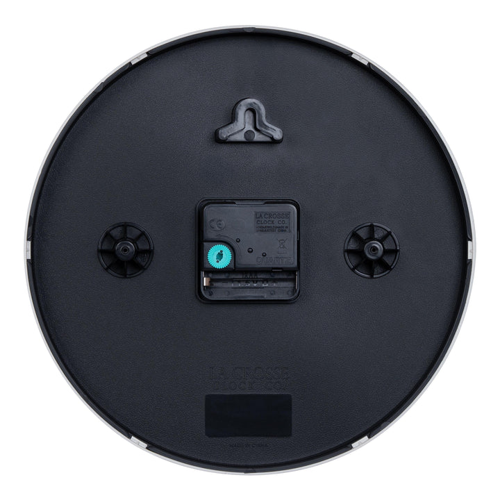 Back image of the 404-3025Y 10-inch Basic Decor Wall Clock showing the hanging hole for mounting, easy set time wheel, the Quartz movement with battery compartment
