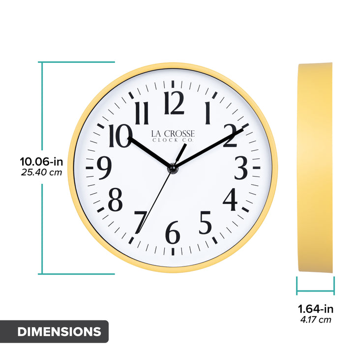 Orthographic image of the 10-inch Basic Decor Wall Clock with yellow frame white dial with black numbers and hour, minute and second hands with dimensions in inches and centimeters