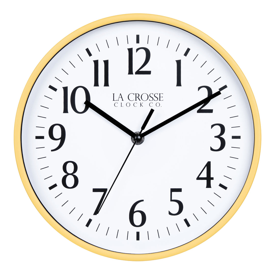 404-3025Y 10-inch Basic Decor Wall Clock with a Yellow frame, white dial with black numbers and hour, minute, and second hands