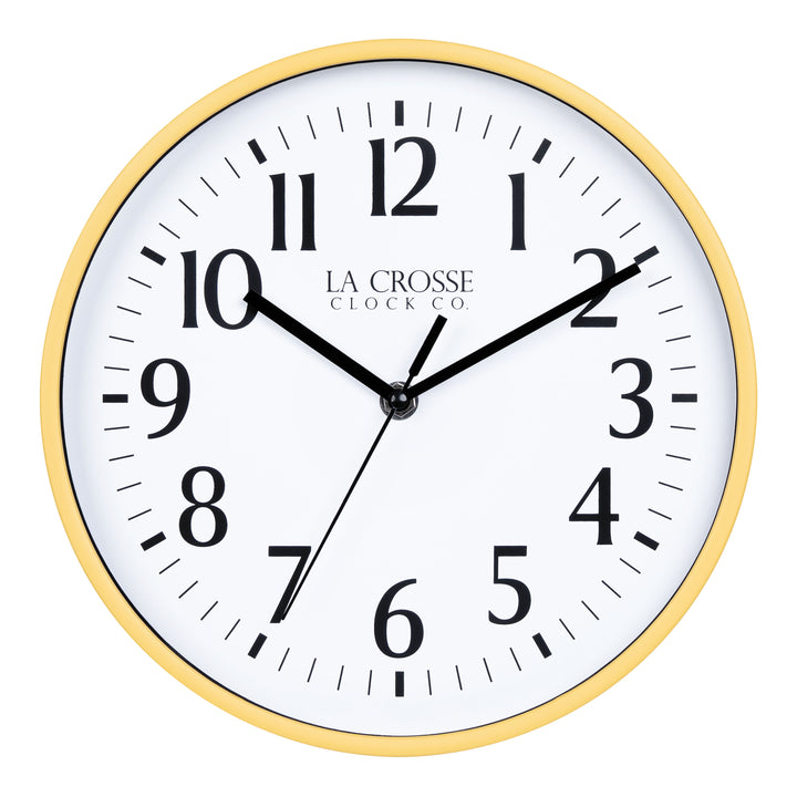 404-3025Y 10-inch Basic Decor Wall Clock with a Yellow frame, white dial with black numbers and hour, minute, and second hands