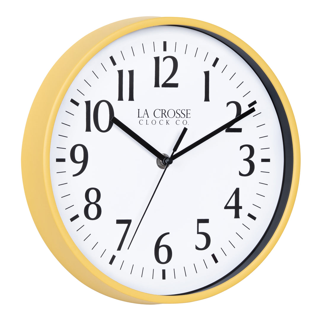 Right-facing image of the 404-3025Y 10-inch Basic Decor Wall Clock with a yellow frame, white dial, black numbers, hour, minute, and second hands.
