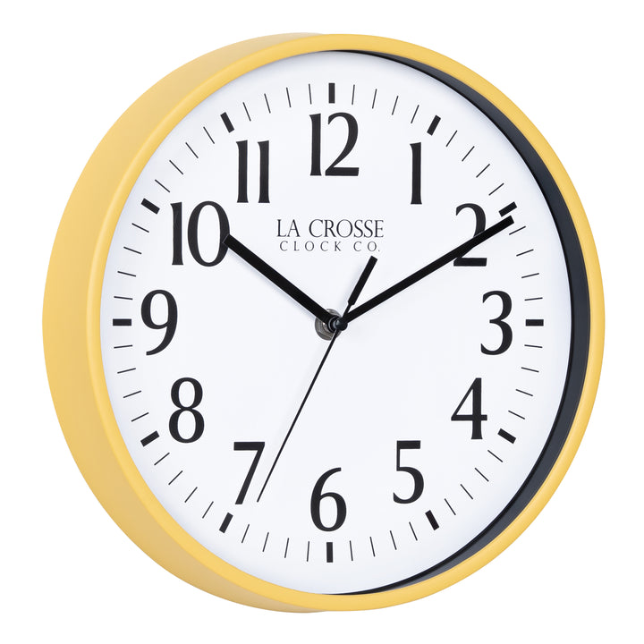 Right-facing image of the 404-3025Y 10-inch Basic Decor Wall Clock with a yellow frame, white dial, black numbers, hour, minute, and second hands.