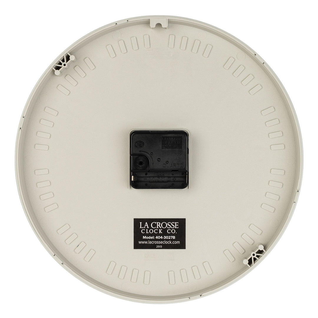 Back view showng the step movement and battery compartment of the Tovi 404-3027B wall clock