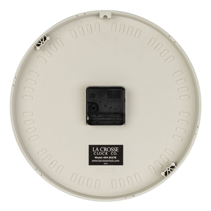 Back view showng the step movement and battery compartment of the Tovi 404-3027B wall clock