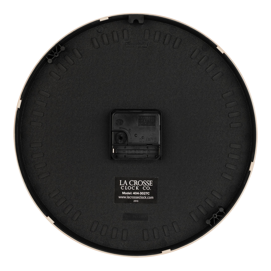 Back image of the 404-3027C Portside eleven inch wall clock showing the battery compartment and a La Crosse Clock quartz movement