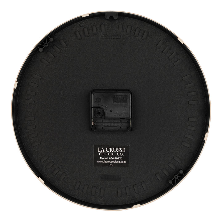 Back image of the 404-3027C Portside eleven inch wall clock showing the battery compartment and a La Crosse Clock quartz movement