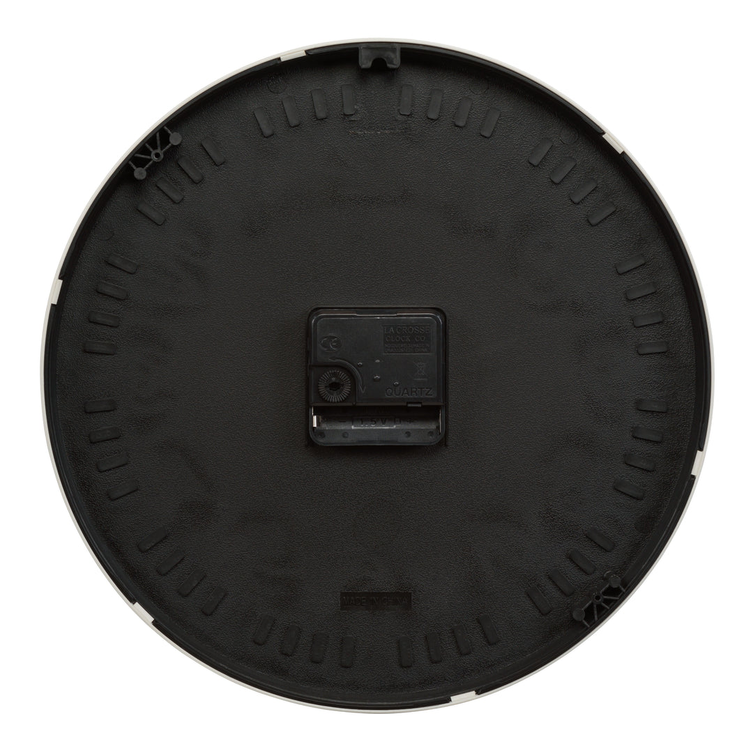 Back image of the 404-3028A Brushstroke 11 inch wall clock showing the battery compartment and quartz movement