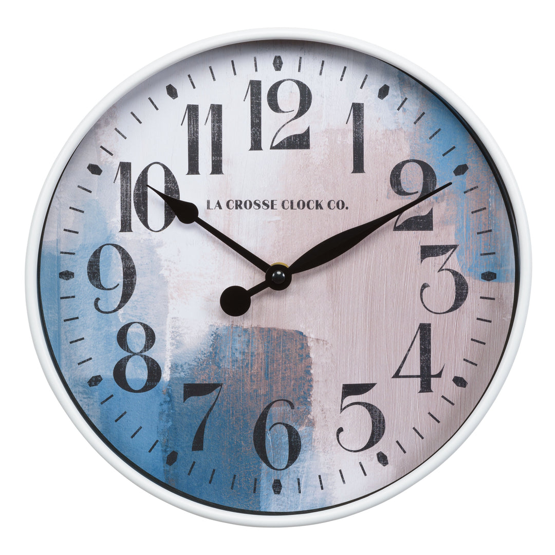 Head on image of the Brushstroke 404-3028A 11 inch wall clock with a white case surrounding a painted brush design dial in blues creams and taupe black numbers and black metal hands