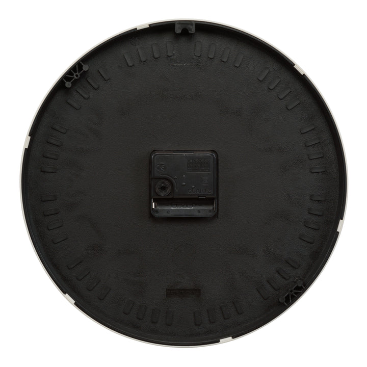 Back image of the 10.8-inch Atwood wall clock showing the battery compartment, quartz movement, and the hanging hole.