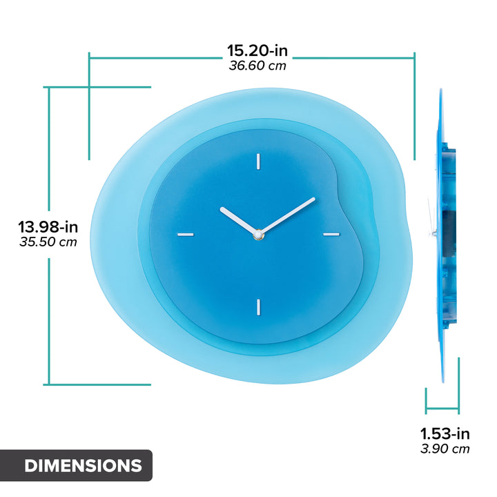 Dimension image in inches and centimeters of the 404-3039BL 15.2-inch Drift Wall Clock – Blue, featuring the multi-layer drifting contours of the clock measuring 13.98 in tall and 15.20 in wide at their largest points. The second image is in profile and shows the clock&
