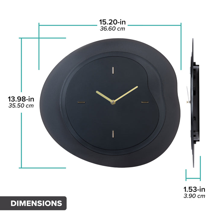 Dimension image in inches and centimeters of the 404-3039B 15.2-inch Drift Wall Clock – Black, featuring the multi-layer drifting contours of the clock measuring 13.98 in tall and 15.20 in wide at their largest points. The second image is in profile and shows the clock&