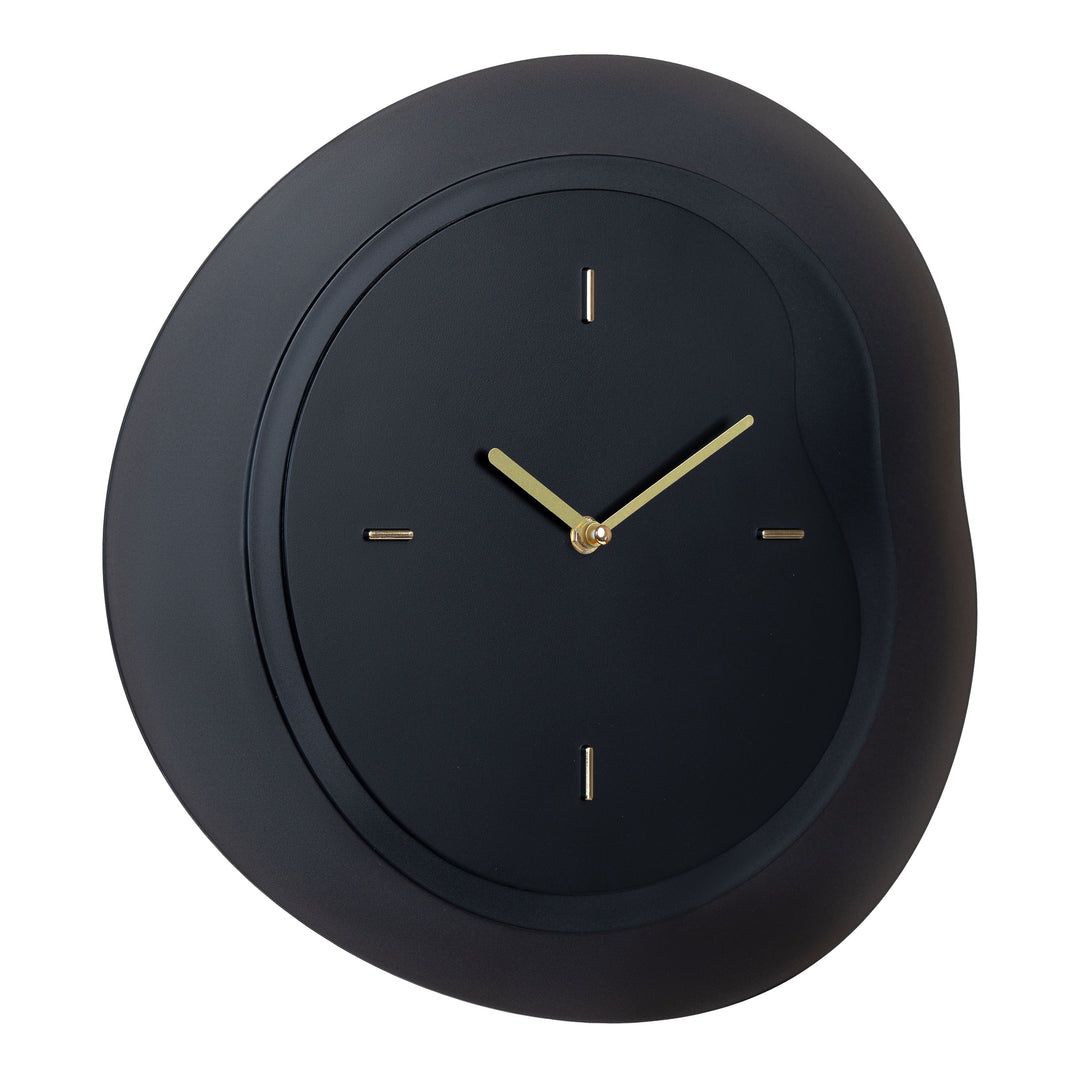 Right-facing image of the 404-3039B 15.2-inch Drift Wall Clock – Black. The clock features an open face multi-layered design with drifting contours, metal hands, and raised number markings in a brass finish.