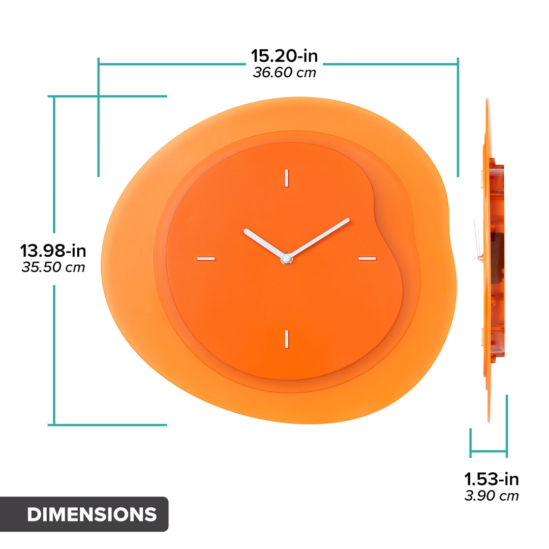 Dimension image in inches and centimeters of the 404-3039O 15.2-inch Drift Wall Clock – Orange, featuring the multi-layer drifting contours of the clock measuring 13.98 in tall and 15.20 in wide at their largest points. The second image is in profile and shows the clock&