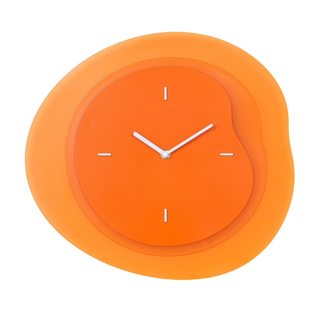 Head-on image of the 404-3039O 15.2-inch Drift Wall Clock – Orange. The clock features an open face multi-layered design with drifting contours, metal hands, and raised number markings in white.