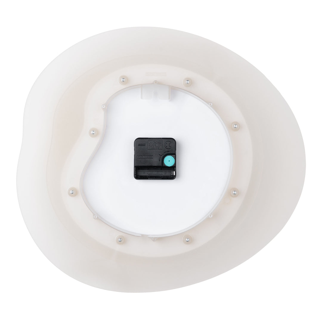 Back image of the 404-3039T 15.2-inch Drift Wall Clock – Tan, showing the battery compartment, the quartz movement, and the hanging hole, highlighting the construction of the multi-layer design.