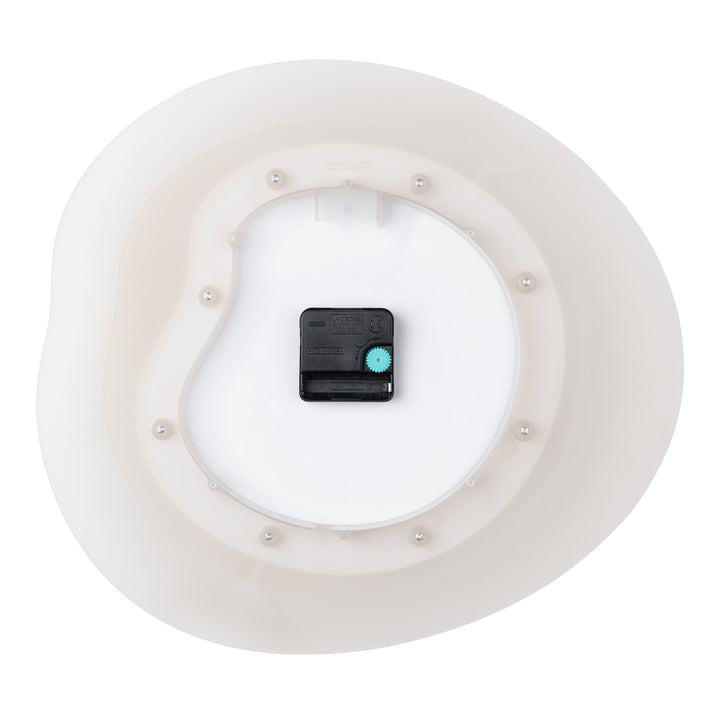 Back image of the 404-3039T 15.2-inch Drift Wall Clock – Tan, showing the battery compartment, the quartz movement, and the hanging hole, highlighting the construction of the multi-layer design.