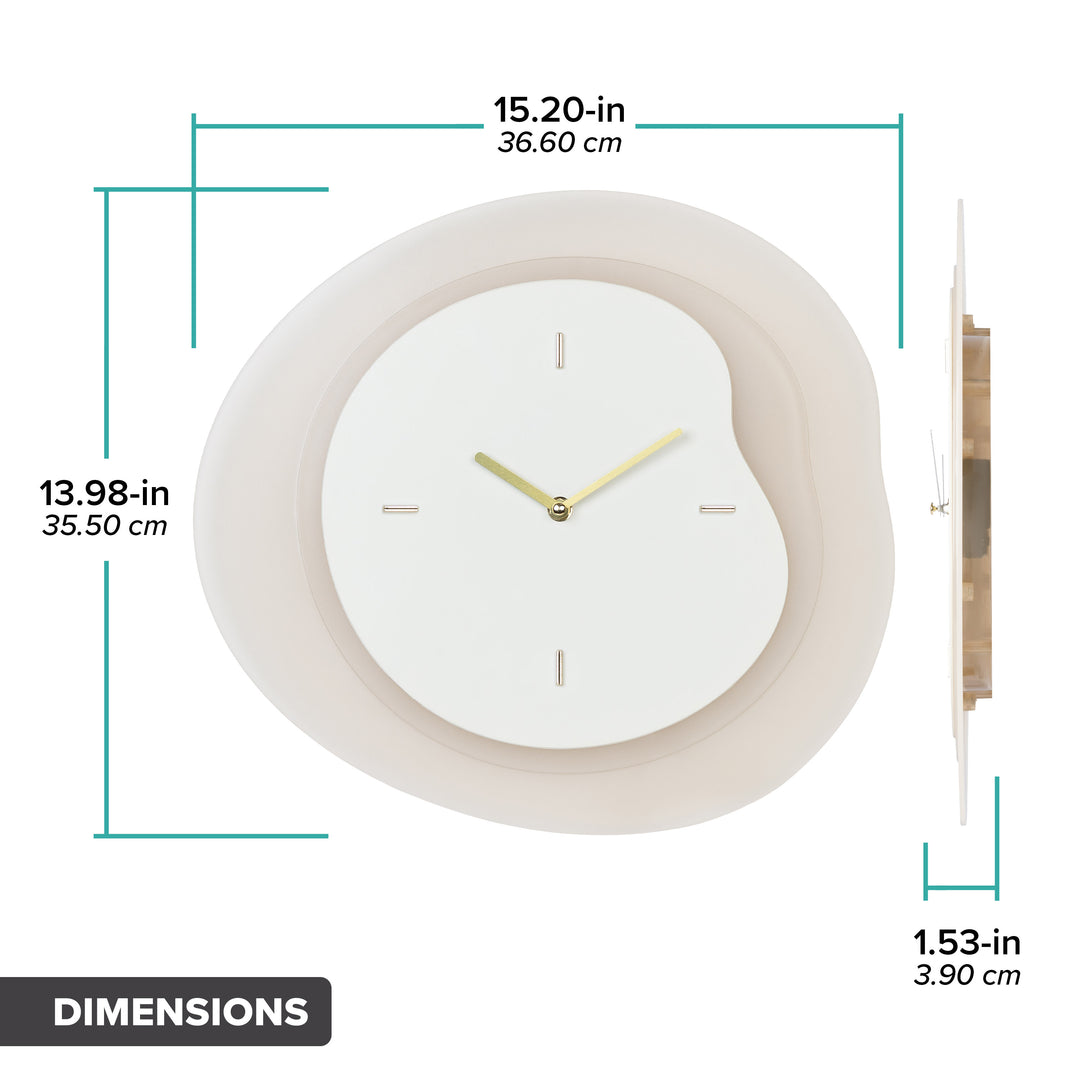 Dimension image in inches and centimeters of the 404-3039T 15.2-inch Drift Wall Clock – Tan, featuring the multi-layer drifting contours of the clock measuring 13.98 in tall and 15.20 in wide at their largest points. The second image is in profile and shows the clock&