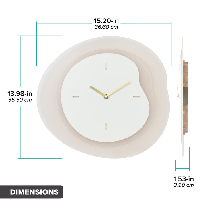 Dimension image in inches and centimeters of the 404-3039T 15.2-inch Drift Wall Clock – Tan, featuring the multi-layer drifting contours of the clock measuring 13.98 in tall and 15.20 in wide at their largest points. The second image is in profile and shows the clock&