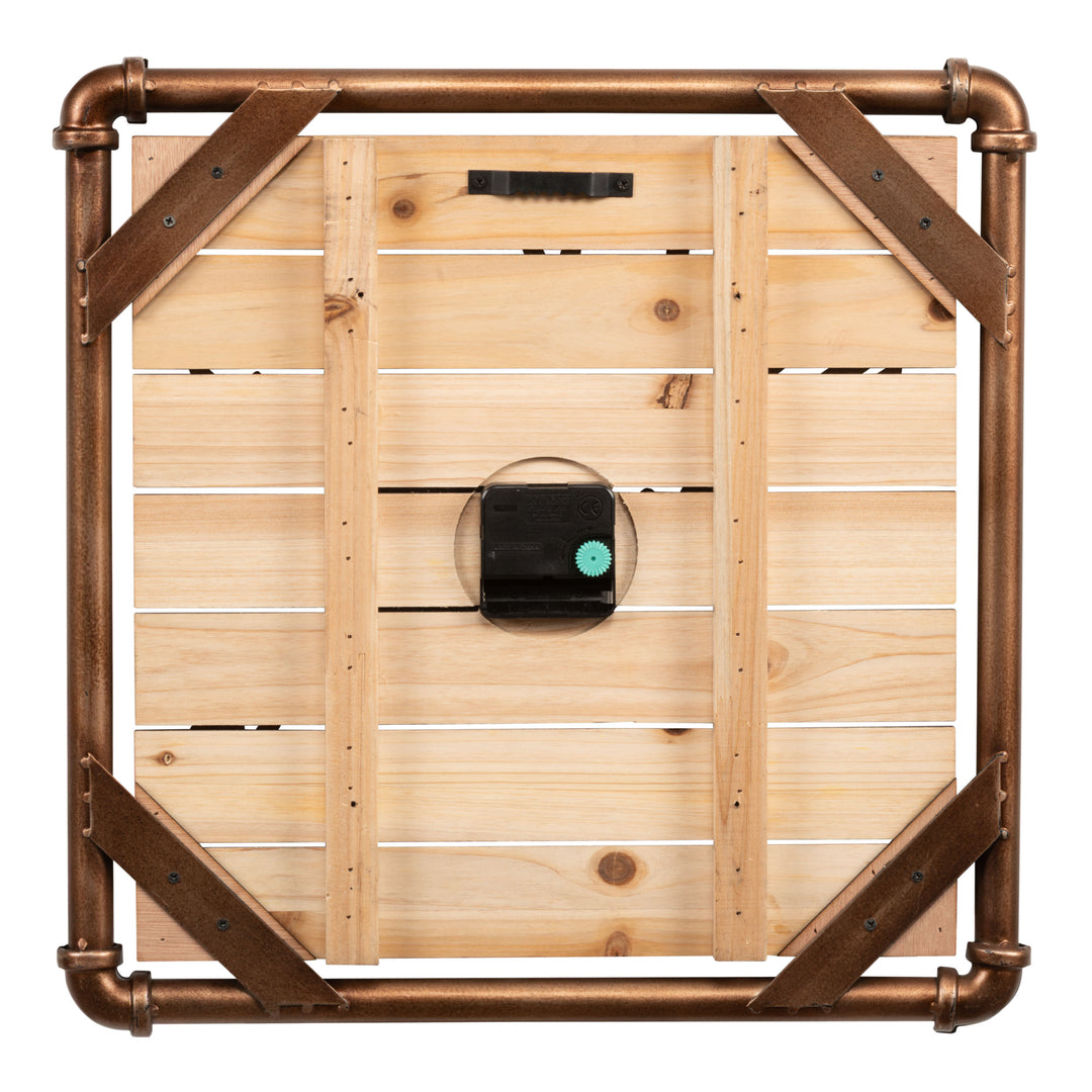 Back image of the 404-3412D 16-inch Foundry Metal &amp; Wood Wall Clock - Dark, showing the wood slats, the pipework, the battery compartment, the quartz movement, and the metal sawtooth hanger in a square frame.