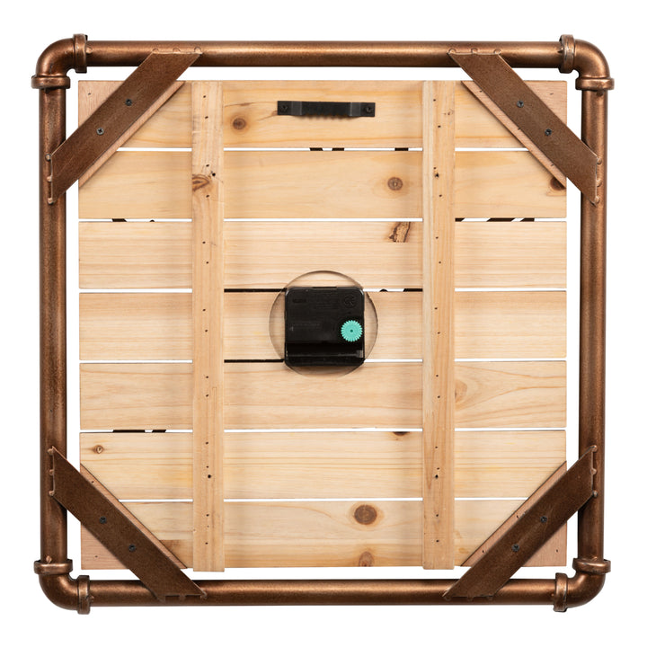 Back image of the 404-3412D 16-inch Foundry Metal &amp; Wood Wall Clock - Dark, showing the wood slats, the pipework, the battery compartment, the quartz movement, and the metal sawtooth hanger in a square frame.