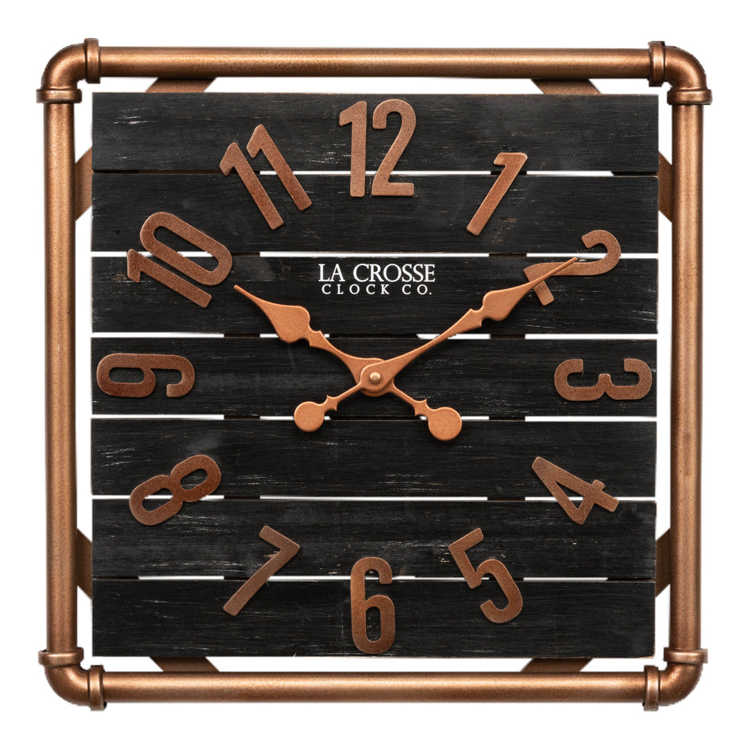 Head-on image of the 404-3412D 16-inch Foundry Metal &amp; Wood Wall Clock - Dark. The clock features a square metal pipe frame in a copper finish, a black-stained wood slat clock face with copper-finished metal numbers and hands.