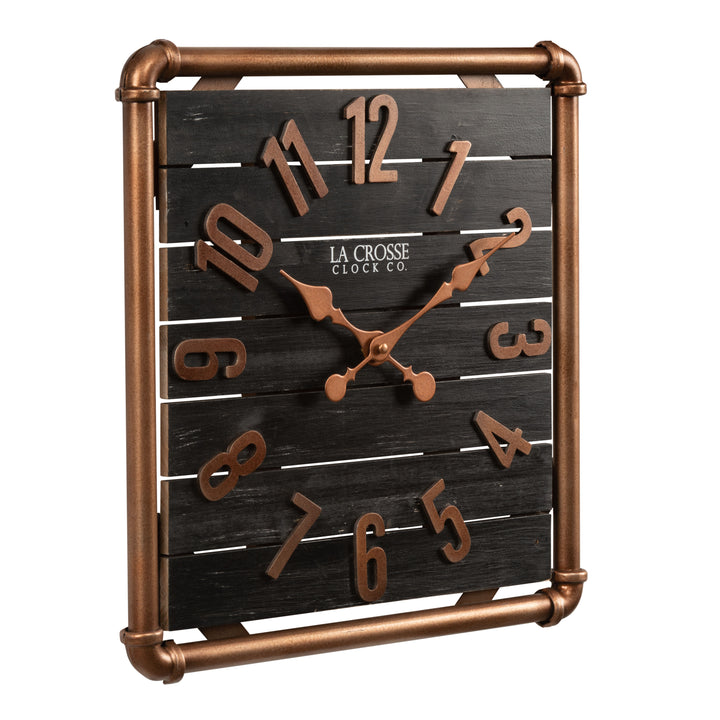 Right-facing image of the 404-3412D 16-inch Foundry Metal &amp; Wood Wall Clock - Dark. The clock features a square metal pipe frame in a copper finish, a black-stained wood slat clock face with copper-finished metal numbers and hands.