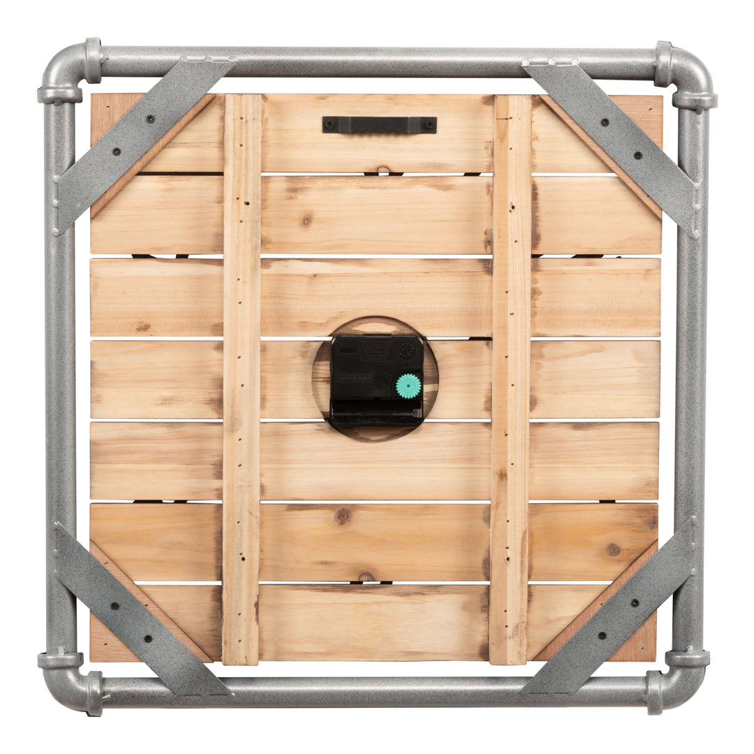 Back image of the 404-3412L 16-inch Foundry Metal &amp; Wood Wall Clock - Light, showing the wood slats, the pipework, the battery compartment, the quartz movement, and the metal sawtooth hanger in a square frame.