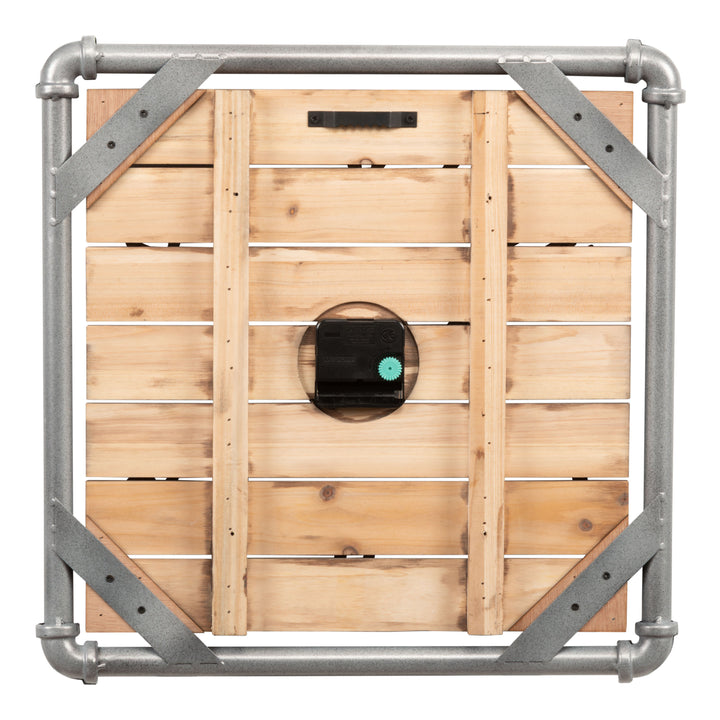Back image of the 404-3412L 16-inch Foundry Metal &amp; Wood Wall Clock - Light, showing the wood slats, the pipework, the battery compartment, the quartz movement, and the metal sawtooth hanger in a square frame.