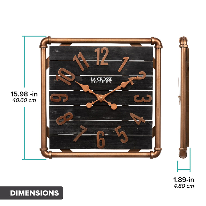 Dimension image in inches and centimeters of the 404-3412D 16-inch Foundry Metal &amp; Wood Wall Clock - Dark. The clock features a square metal pipe frame, stained wood slats, and metal copper-finish accents. The clock is 15.98 inches square and 1.89 inches deep.