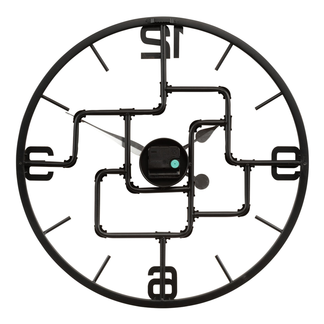Back image of the 404-3420 20-inch Pipeworks Metal Wall Clock showing the battery compartment, the quartz movement, and the hanging hole.