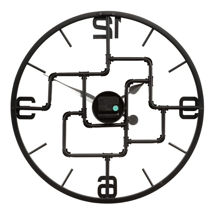Back image of the 404-3420 20-inch Pipeworks Metal Wall Clock showing the battery compartment, the quartz movement, and the hanging hole.