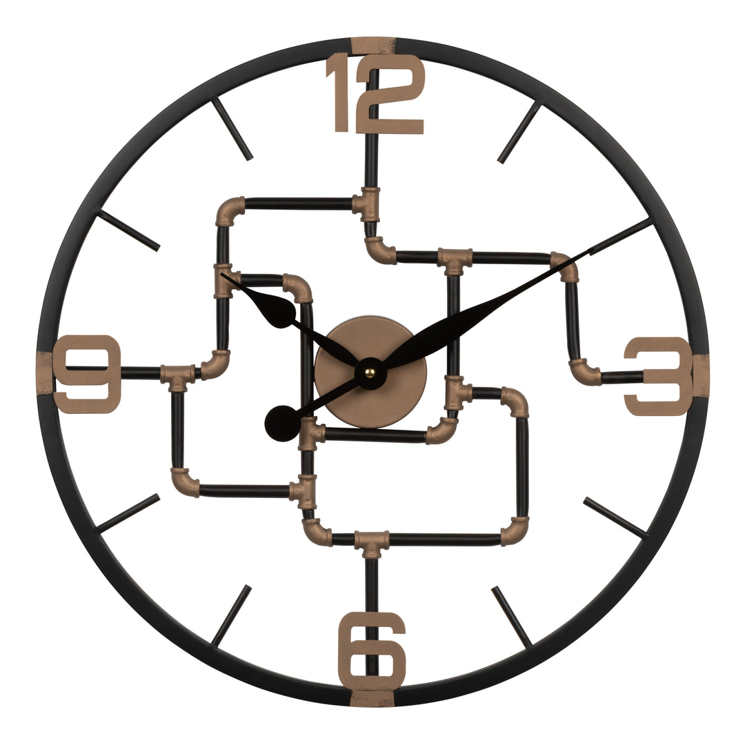Head-on image of the 404-3420 20-inch Pipeworks Metal Wall Clock featuring an open face dial with a weathered bronze and antique brass finish pipe framework, black decorative metal hour and minute hands, and antique brass numbers at 3, 6, 9, and 12.