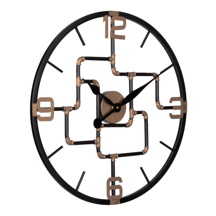 Right-facing image of the 404-3420 20-inch Pipeworks Metal Wall Clock featuring an open face dial with a weathered bronze and antique brass finish pipe framework, black decorative metal hour and minute hands, and antique brass numbers at 3, 6, 9, and 12.