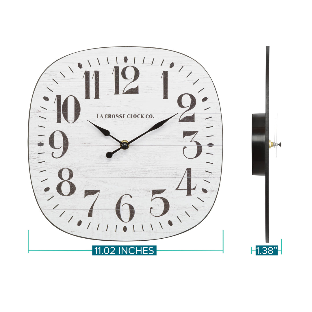 Dimensions of the 404-3428 11-inch Sylvie square MDF open face wall clock featuring a faux whitewash wood dial black numbers and metal hands showing a head on and side view of the clock