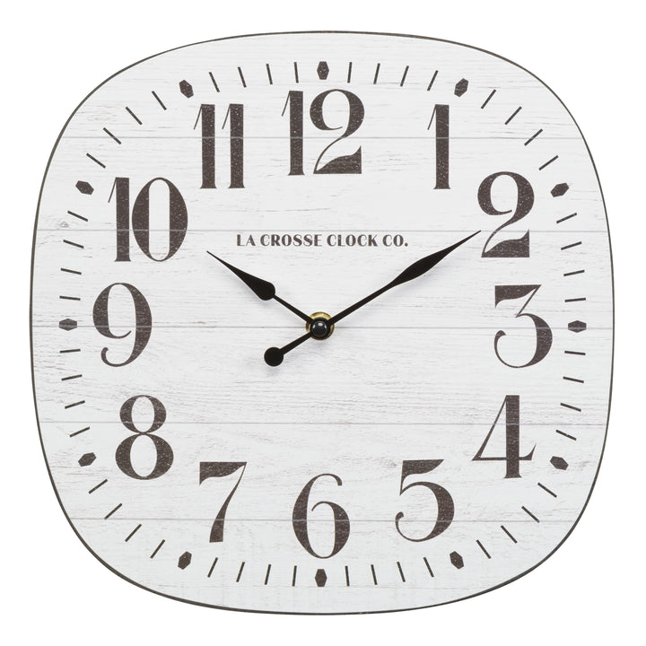 Head on image of the 404-3428 11-inch Sylvie square MDF open face wall clock featuring a faux whitewash wood dial black numbers and metal hands