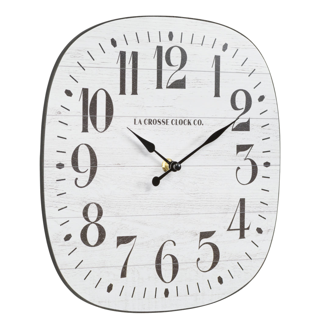 Right facing image of the  404-3428 11-inch Sylvie square MDF open face wall clock featuring a faux whitewash wood dial black numbers and metal hands