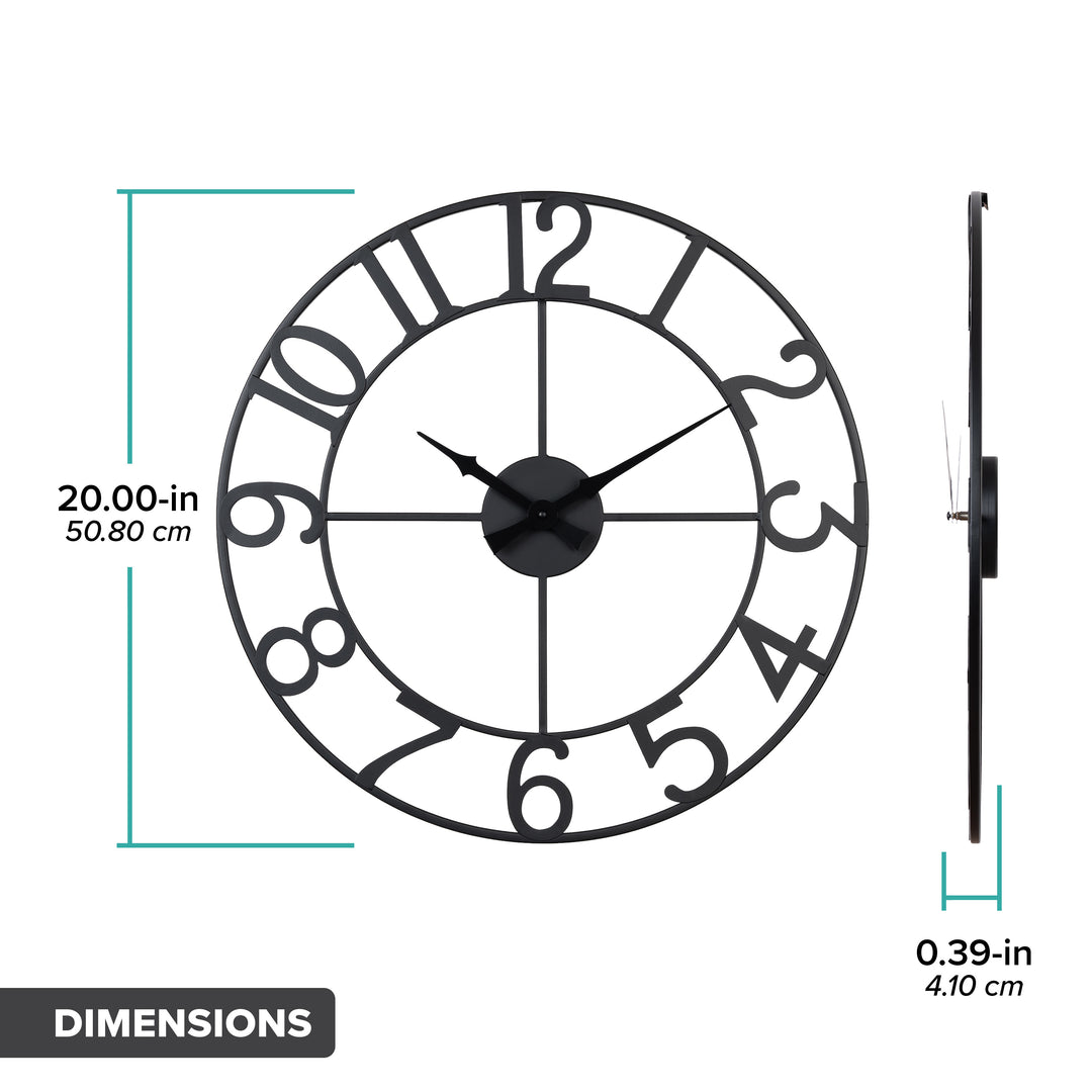 Orthographic dimension image of the 404-3451A 20-inch Metal Tower Wall Clock - Arabic. This skeleton tower clock features Arabic numbers, hour and minute hands all constructed in metal. The diameter of this clock is 20-inches with a depth of .39-inches.