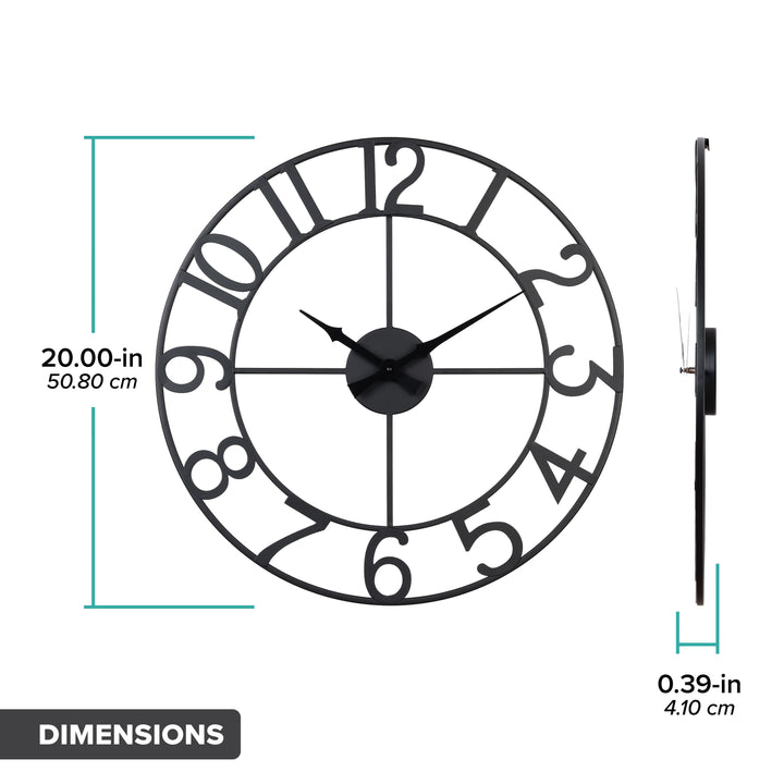 Orthographic dimension image of the 404-3451A 20-inch Metal Tower Wall Clock - Arabic. This skeleton tower clock features Arabic numbers, hour and minute hands all constructed in metal. The diameter of this clock is 20-inches with a depth of .39-inches.