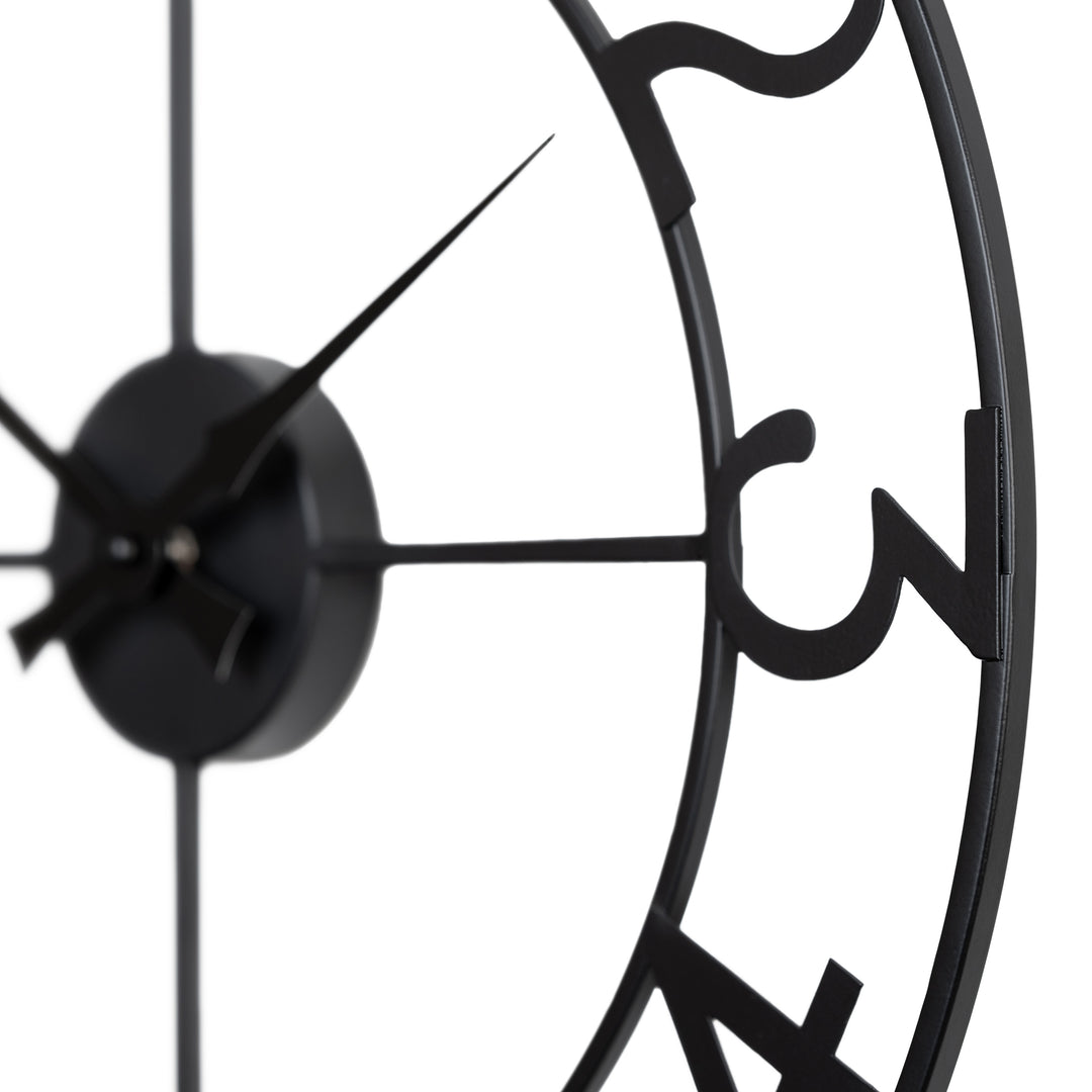 Close-up of the frame of the 404-3451A 20-inch Metal Tower Wall Clock - Arabic. This skeleton tower clock features Arabic numbers, hour and minute hands all constructed in metal.