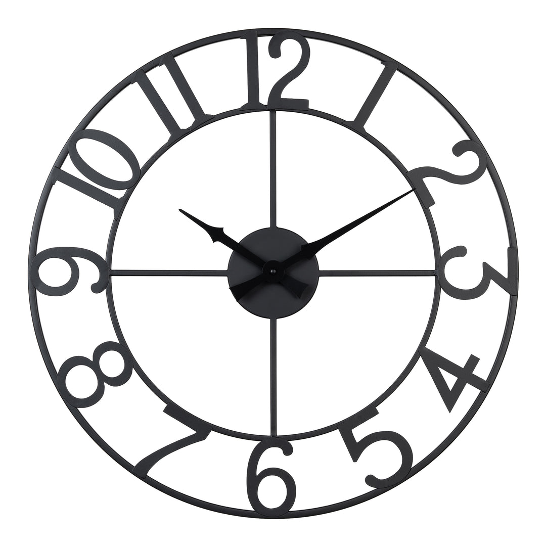 Head-on image of the 404-3451A 20-inch Metal Tower Wall Clock - Arabic. This skeleton tower clock features Arabic numbers, hour and minute hands all constructed in metal.