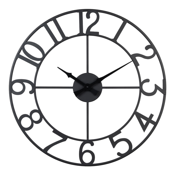 Head-on image of the 404-3451A 20-inch Metal Tower Wall Clock - Arabic. This skeleton tower clock features Arabic numbers, hour and minute hands all constructed in metal.