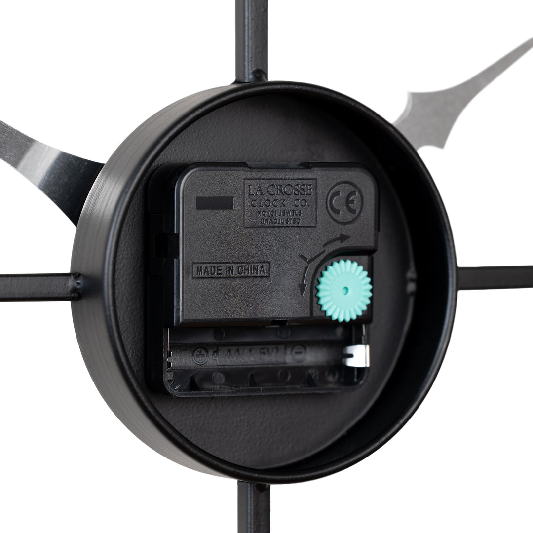 Close-up image of the quartz movement of the Head-on image of the 404-3451A 20-inch Metal Tower Wall Clock - Arabic.