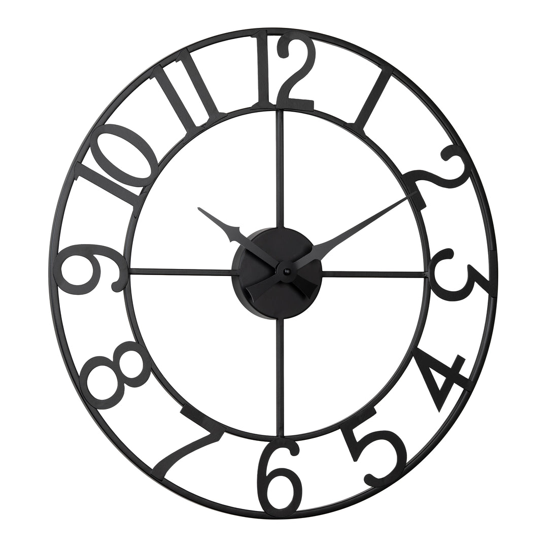 Right-facing image of the 404-3451A 20-inch Metal Tower Wall Clock - Arabic. This skeleton tower clock features Arabic numbers, hour and minute hands all constructed in metal.